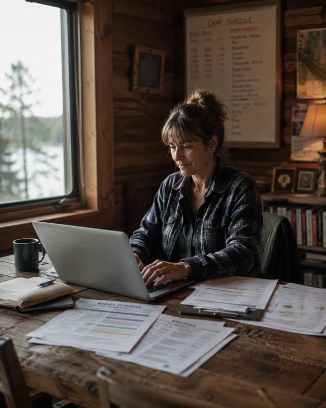 Camp director working through enquiry paperwork at a laptop in the camp office