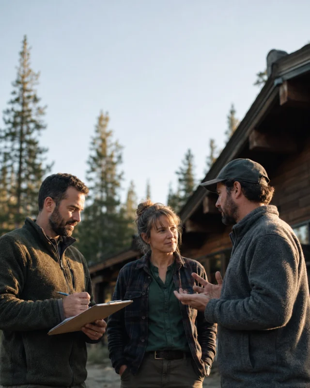 Camp marketing consultant planning with camp staff outside a cabin